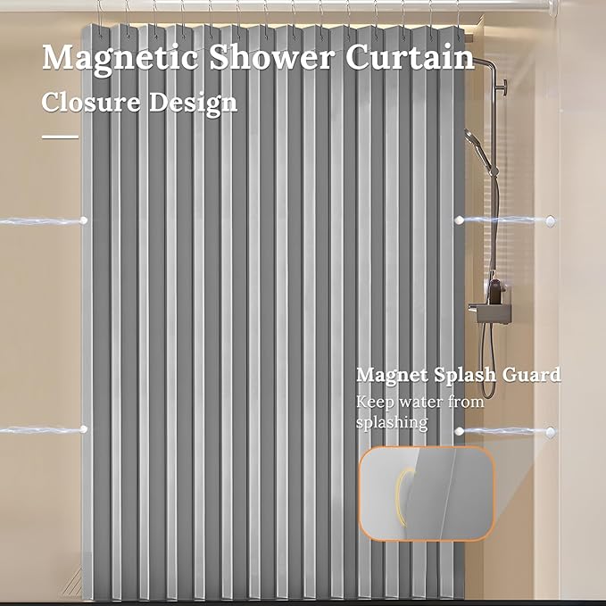 South to East Waterproof Shower Curtain, Heavy Duty Magnetic Folding Linen Shower Curtain, Non-Toxic, 72x72 Magnetic Fabric Bathroom Curtain Sets, Grey