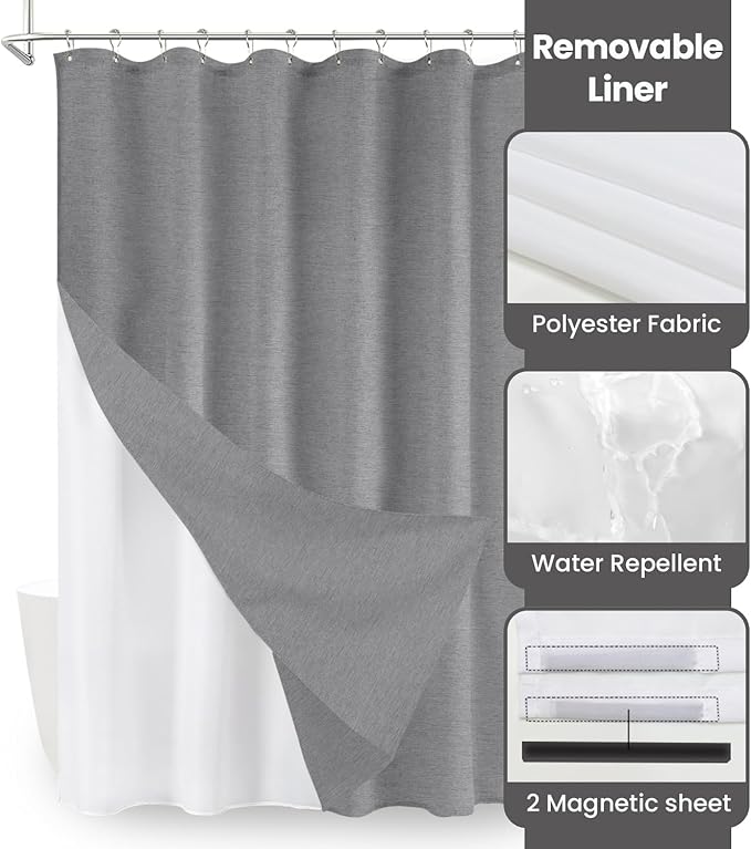 Inhousolu Boho Farmhouse Shower Curtain with Fabric Liner Set, Faux Linen Textured, 14 Metal Hooks Luxury Weighted Hem, Washable Wrinkle Free Bath Curtain for Hotel Bathroom 72" W x 84" L Grey