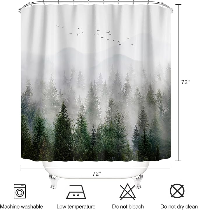 Green Misty Forest Shower Curtain Pine Tree Mountain Nature Woodland Bathroom Curtains Waterproof Polyester Fabric Bath Curtain 72 x 72 Inch with 12 Hooks