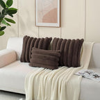 FUTEI Dark Coffee Decorative Throw Pillow Covers 24x24 Inch Set of 2, Square Soft Faux Rabbit Fur Big Striped Pillow Sham,Home Decor for Couch Sofa Bed Living Room