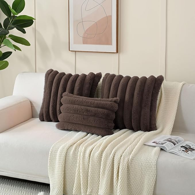 FUTEI Dark Coffee Decorative Throw Pillow Covers 16x16 Inch Set of 2, Square Soft Faux Rabbit Fur Big Striped Cushion Cover,Home Decor for Couch Sofa Bed Living Room