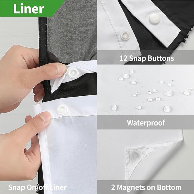 no Hook Shower Curtain and Liner Set，Boho Style with See Through Top Window, Black Fabric Tufted Striped Textured Outer Curtain & Waterproof Inner Liner, DarkBlack, 71Wx77H
