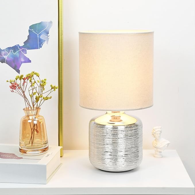 Lampwell Beno Small Table Lamp for Living Room as Bedside Table Lamp for Bedroom,Modern Ceramic Table Lamp,Kids Table Lamp,Night Table Lamp,Φ6.3×H11.81IN,Bulb Excluded,Grey Chrome Table Lamp