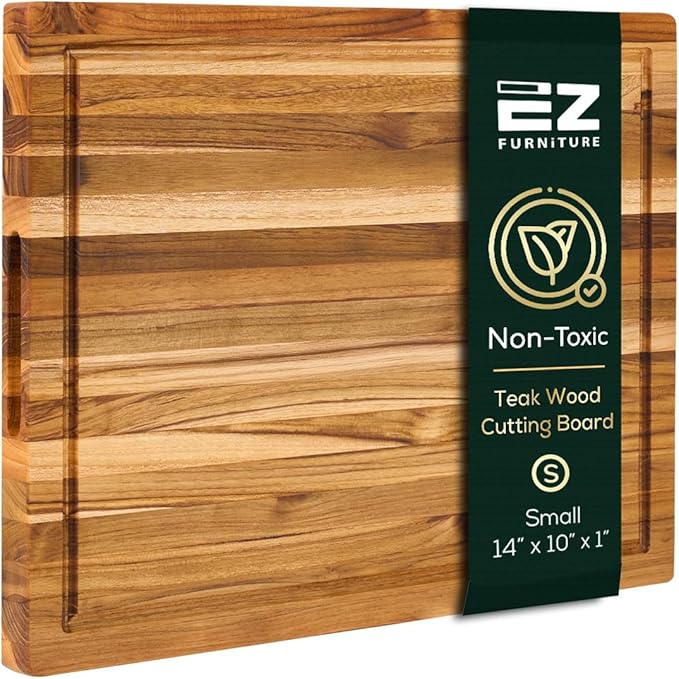 Non-Toxic Teak Wood Cutting Board & Serving Board, Pre-Oiled Edge Grain with Juice Groove and Handles, Knife Friendly, Food Grade Mineral Oil Coating (S 14" x 10" x 1", 3.75 lbs)