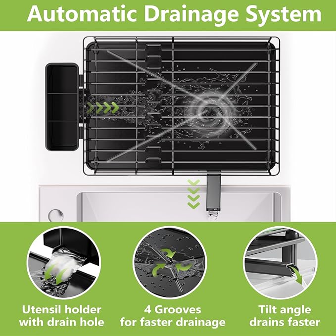Dish Drying Rack for Kitchen Counter, Stainless Steel Dish Strainer with Detachable Cutlery Holder, Automatic Drainage System, Large Drainers Rack for Home and Appartment