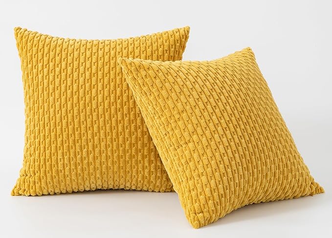 Kevin Textile Throw Pillow Covers Soft Corduroy Decorative Set of 2 Boho Striped Pillow Covers Pillowcases Farmhouse Home Decor for Couch Bed Sofa Living Room 22x22 Inch Mustard Yellow