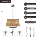 Hand-Woven Rattan Chandelier Vintage Farmhouse Boho Bamboo Chandeliers Light Fixture Retro Drum Wicker Rattan Black Chandelier for Dining Room, Kitchen, Living Room