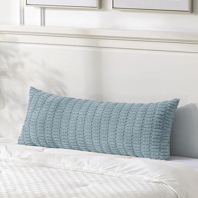 Fancy Homi 1 Pack Light Blue Long Lumbar Body Decorative Throw Pillow Covers 14x36 Inch for Bed Couch Bedroom Bench, Soft Corduroy Rectangle Solid Pillow Case 35x91 cm, Rustic Farmhouse Boho Decor