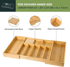 VaeFae Extra Large Kitchen Utensil Holder, Bamboo Silverware Drawer Organizer, Expandable Cutlery Organizer with Knife Block, Multifunctional Wooden Drawer Divider