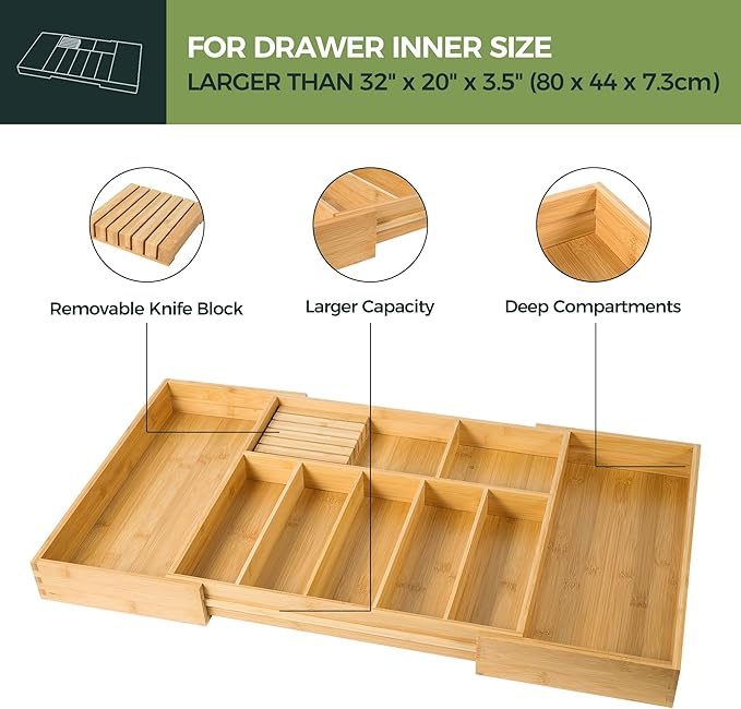 VaeFae Extra Large Kitchen Utensil Holder, Bamboo Silverware Drawer Organizer, Expandable Cutlery Organizer with Knife Block, Multifunctional Wooden Drawer Divider