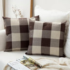 MIULEE Pack of 2 Classic Farmhouse Buffalo Check Plaids Polyester Linen Soft Soild Decorative Square Throw Pillow Covers Home Decor Outdoor Cushion Case for Sofa Bedroom 18 x 18 Inch, Brown and White