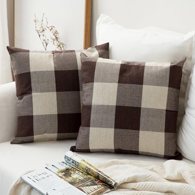 MIULEE Pack of 2 Classic Farmhouse Buffalo Check Plaids Polyester Linen Soft Soild Decorative Square Throw Pillow Covers Home Decor Outdoor Cushion Case for Sofa Bedroom 18 x 18 Inch, Brown and White