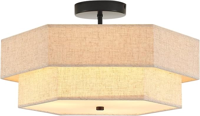 Modern Semi Flush Mount Ceiling Light 18" Modern Black Drum Ceiling Lighting Fixture with Linen Shade Vintage Ceiling Lamp for Living Room, Bedroom, Kitchen, Dining Room, Hallway, and Entryway