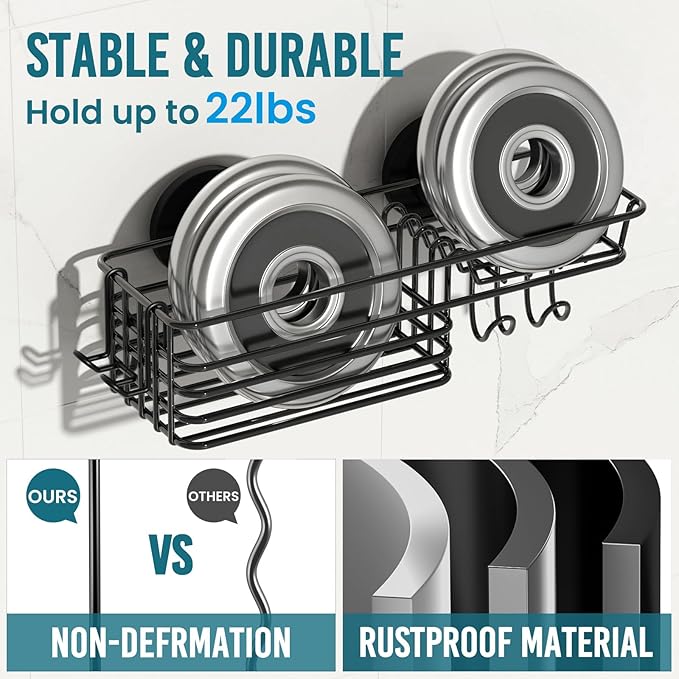 TAILI Shower Caddy Suction Cup with Hooks and Soap Holder, Heavy Duty Bathroom Shower Organizer, No Drilling Bathroom Holder with Large Capacity, Metal Black Storage Basket