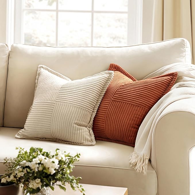 MIULEE Dark Rust Fall Decorative Throw Pillow Covers for Couch Bed Livingroom 16x16 Inch Set of 2 Boho Accent Throw Pllows Broadside Striped Patchwork Soft Corduroy Pillowcases