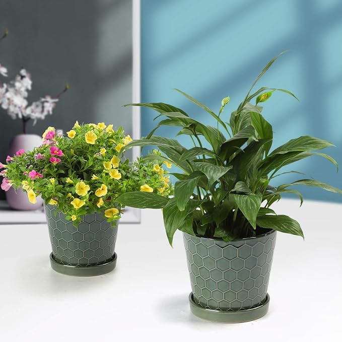 BUYMAX Ceramic Plant Pot – 4”+5”+6” inch Ceramic Flower Pot with Drainage Holes and Tray - Gardening Home Desktop Office Windowsill Decoration Gift Set 3 (Patina)