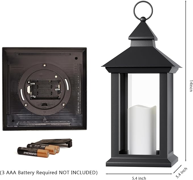Christmas Lanterns Decorative Indoor, 14" Battery-Powered Waterproof Black LED Candle Lanterns with Timer for Patio & Outdoor, Vintage Hanging Lantern for Xmas Home Decorations, Transparent