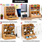 Marbrasse Wooden Desk Organizer, Multi-Functional DIY Pen Holder, Organizer for desk, Desktop Stationary, Easy Assembly, Home Office Art Supplies Storage with Drawer (B11-Cherry Color)