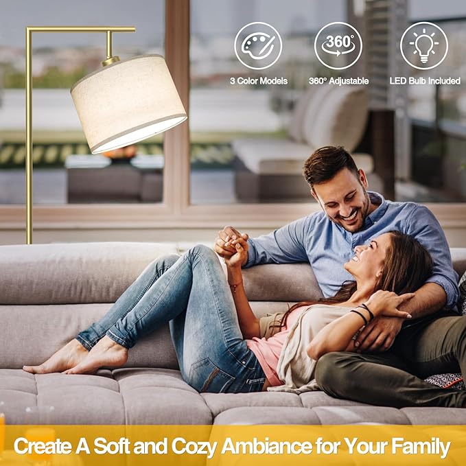 Floor Lamp for Living Room with 3 Color Temperatures Standing Lamp with Adjustable Beige Linen Lampshade Tall Lamps for Bedroom Office Classroom Dorm Room, 9W LED Bulb Included, Gold