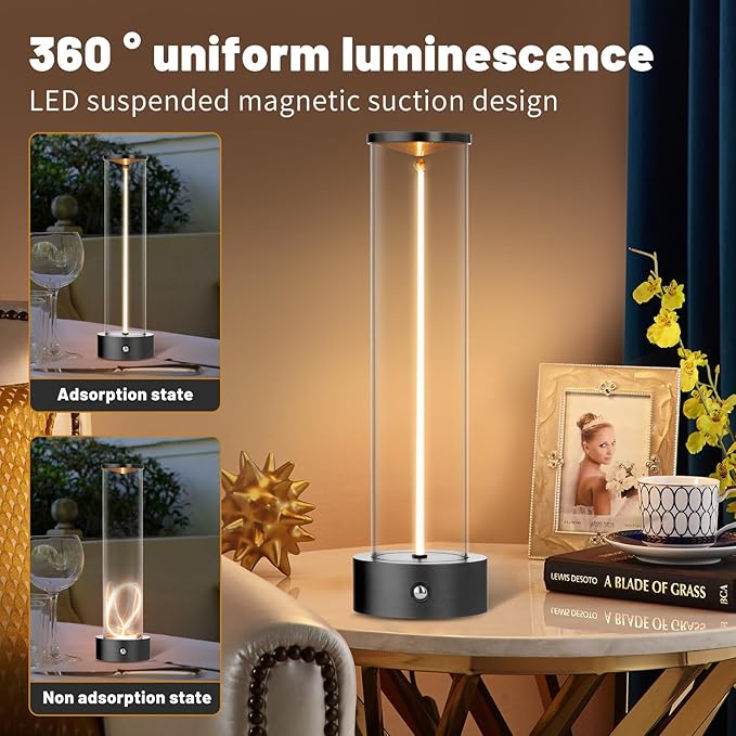 Cordless Portable LED Table Lamp, Modern Nightstand Lights with Filament Magnetic, Three-Level Dimmable Lamp for Gaming, Home Office, Bedroom, Living Room, Kitchen, Bar, Restaurant (Black)