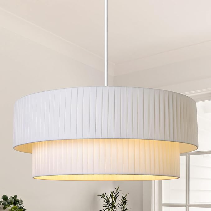 LamQee Large 5-Light Drum Chandelier, 2-Layer 23.6inch-Chrome Ceiling Light Fixture with Fabric Shade Modern Hanging Pendant Light for Dining Room Living Room Bedroom Kitchen Island
