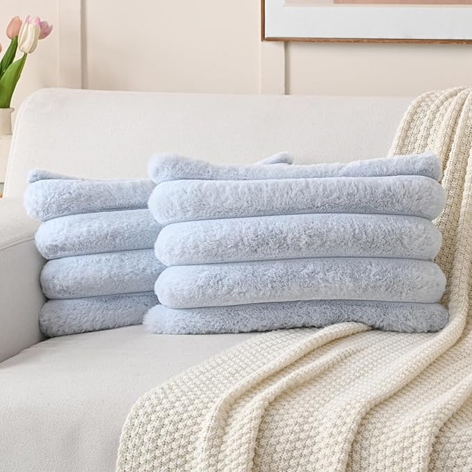FUTEI Light Blue Decorative Throw Pillow Covers 12x20 Inch Set of 2, Square Soft Faux Rabbit Fur Big Striped Cushion Cover,Home Decor for Couch Sofa Bed Living Room