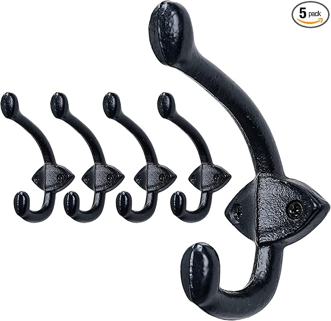 SKOLOO Black Wall Hooks Heavy Duty - Farmhouse Style Cast Iron Hooks, Pack of 5 - Ideal for Backpack, Coat, and Towel Hooks - Perfect for Entryway, Mud Room, and Bathroom Storage