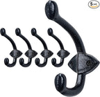 SKOLOO Black Wall Hooks Heavy Duty - Farmhouse Style Cast Iron Hooks, Pack of 5 - Ideal for Backpack, Coat, and Towel Hooks - Perfect for Entryway, Mud Room, and Bathroom Storage