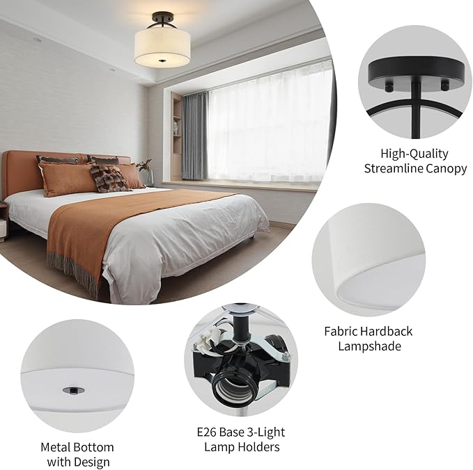 Black Semi Flush Mount Ceiling Light Fixture 12.2'' Drum Light Fixture with White Fabric Shade Lamps 3-Light Modern Ceiling Lights for Bedroom Living Room Dining Room Entryway