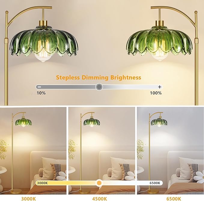 Gold Floor Lamps for Living Room,Glass Floor Lamp with Remote Control & Green Lampshade,Arc Flower Floor Lamp Dimmable Mid Century Modern Standing Lamp Vintage Brass Tall Lamp For Bedroom Corner