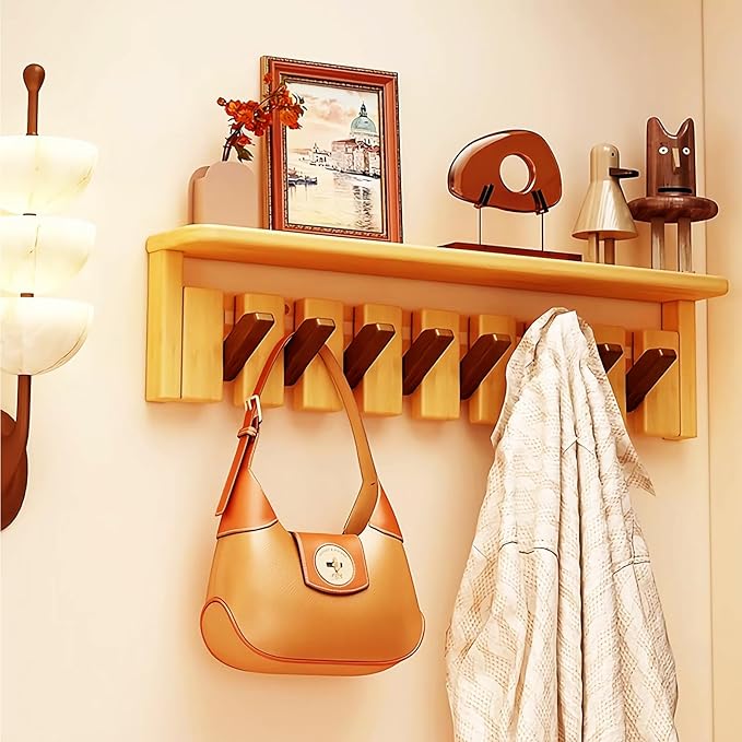 Wall Mounted Piano Key Hanger | Flip Style Hook | Entrance Wall Art Hook, Made of Oak Wood (3 Times Painted, 4 Times Polished) (Tray Walnut-Beech, 8Hooks)
