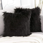 WLNUI Set of 2 Black Halloween Decorative Pillow Covers New Luxury Series Merino Style Faux Fur Fluffy Throw Pillow Covers Square Fuzzy Cushion Case for Sofa Bedroom Living Room Home Decor 18x18 Inch