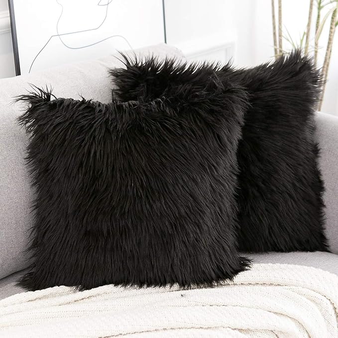 WLNUI Set of 2 Black Halloween Decorative Pillow Covers New Luxury Series Merino Style Faux Fur Fluffy Throw Pillow Covers Square Fuzzy Cushion Case for Sofa Bedroom Living Room Home Decor 18x18 Inch