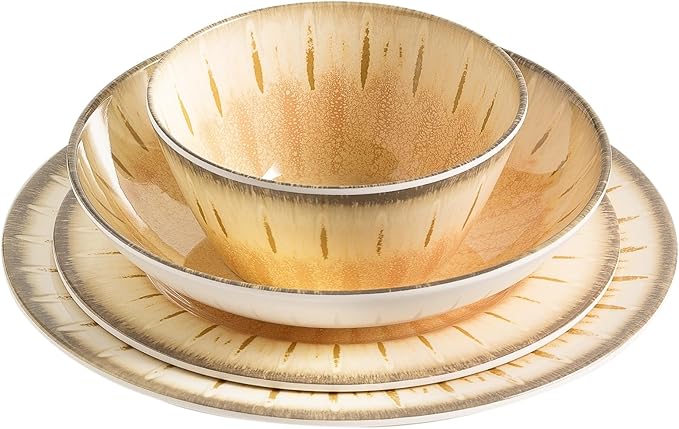MissYip Melamine Dinnerware Set, 16 Piece for 4, Unbreakable Kitchen Plastic Plates and Bowls set, Indoor and Outdoor Use Tableware, BPA Free, Dishwasher Safe, Not Microwave, Not Oven(Cream)