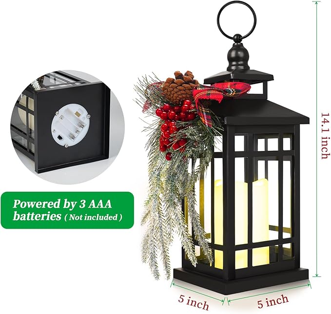 Metal Christmas Decorative Candle Lantern with Led Light,Red Plaid Ribbon,Lighted Hanging Vintage Lanterns for Home Decor Table Fireplace Porch Indoor Outdoor Decorations,Serpro