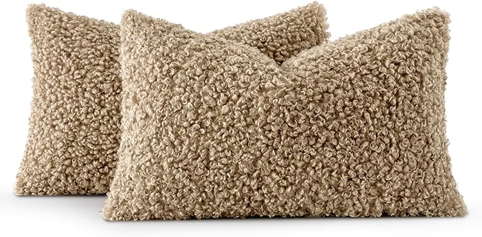 MIULEE Pack of 2 Lumbar Throw Pillow Covers 12x20 Inch Neutral Khaki Faux Fur Decorative Sherpa Pillow Covers Fuzzy Accent Soft Sheepskin Fleece Cushion Cases for Boho Home Decor Living Room Bed Chair