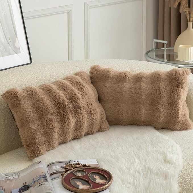 MANDIOO Pack of 2 Thick Plush Wool Decorative Throw Pillow Covers Super Soft Wave Bubble Fur Velvet Cushion Covers Pillow Shams for Couch Bed Living Room 12x20 Inch Camel