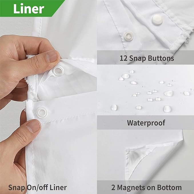 Extra Long No Hook Shower Curtain and Liner Set，Boho Style with See Through Top Window, Tufted Striped Textured Outer Curtain & Waterproof Inner Liner for Bathroom, White, 71Wx98H