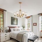 Farmhouse 6 Light Gold Chandeliers for Dining Room Light Over Table, Entryway Pendant Light for Foyer, Vintage Chandelier Ceiling Lights with Glass Shade for Kitchen Island Hallway, Adjustable Height