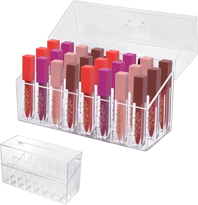 Acrylic Lip Gloss Organizer & Beauty Makeup Holder for Drawer, Cosmetics Pallets Countertop Clear Storage, 24 Space Organization Container Storage for Tall Lip Gloss, Clear