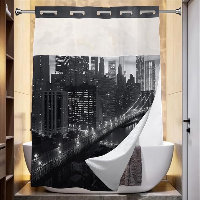Manhattan Brooklyn Bridge New York Building Night Scenery Shower Curtain with Snap in Fabric Liner Set, Detachable Liner, See Through Mesh Top Window, Waterproof Washable 72" W x 74" H