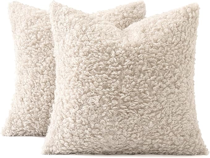 MIULEE Pack of 2 Faux Fur Throw Pillow Covers 18x18 Inch Neutral Light Beige Boucle Decorative Sherpa Pillow Covers Fuzzy Accent Soft Sheepskin Fleece for Boho Home Decor Couch Living Room Bed