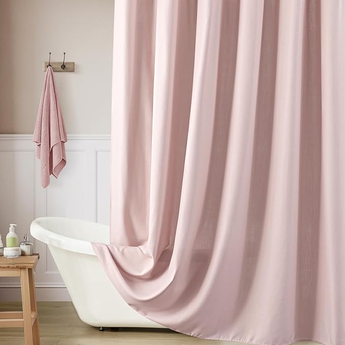 Extra Long Pink Linen Shower Curtain, Heavy Duty Fabric Shower Curtain for Girl's Room Partition, 84 Inches Luxury Hotel Spa Quality Weighted Bath Curtain Set with 12 Plastic Hooks, 72x84 Blush Pink