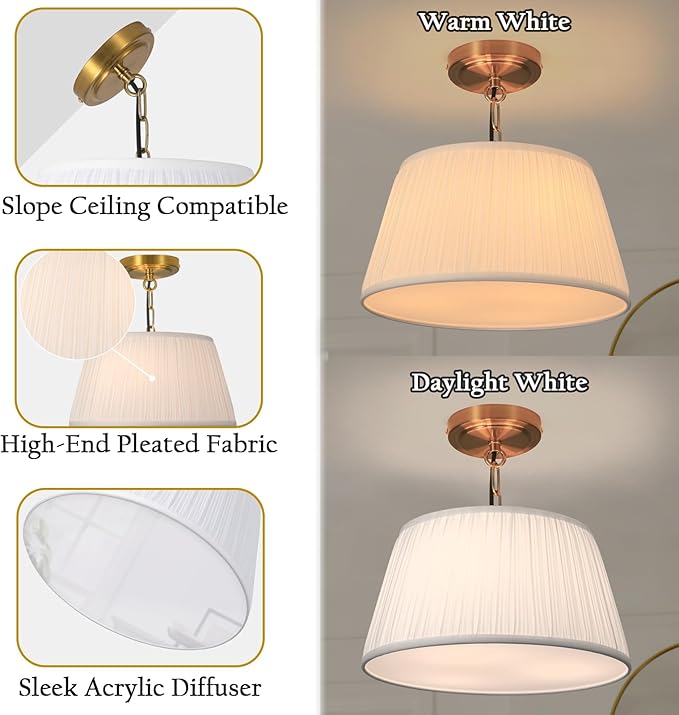 Electro bp; 12.6”Dia White Pleated Fabric Drum Shade Ceiling Light Fixture Farmhouse Brocade Linen Cone Shape Close to Semi-Flush Mount,Polished Gold,2 Sockets,E26,120W;