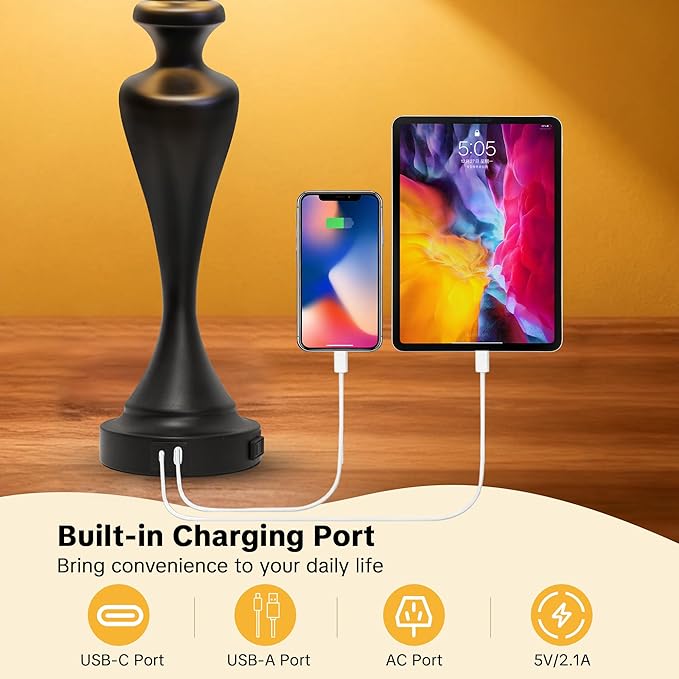 28.5" Tall Touch Table Lamp Set of 2, Bedside Lamps with USB C+A & AC Port, 3 Way Dimmable Lamps for Night Stands, 2700K Black Farmhouse Bedroom Lamp for Living Room End Tables Office Desk