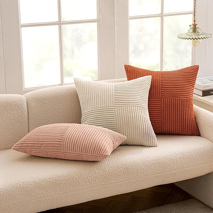 MIULEE Fall Rust Corduroy Pillow Covers Pack of 2 Boho Decorative Spliced Throw Pillows Soft Cross Patchwork Textured Covers Pillowcases Home Decor for Couch Living Room Bed Sofa 24x24 inch