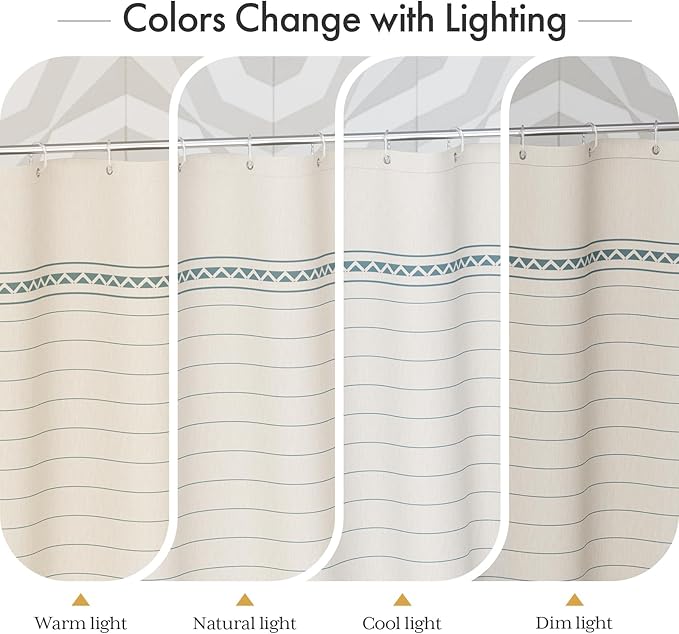 AmazerBath Farmhouse Shower Curtains for Bathroom, Boho Shower Curtain Set with Tassels, Rustic Faux Linen Blue Striped Neutral Shower Curtain with Hooks, Light Tan Toned, 72x72 Inches