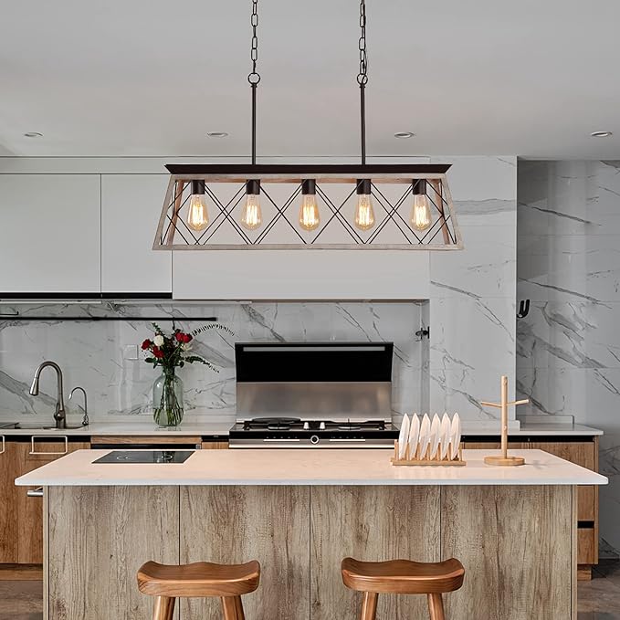 Q&S Dining Room Chandelier Light Fixtures,Farmhouse Rustic Vintage Antique Linear Chandeliers Pendant Ceiling Light Fixture for Kitchen Island Bar Office Coffee Shop 5-Lights Oak and ORB UL Listed