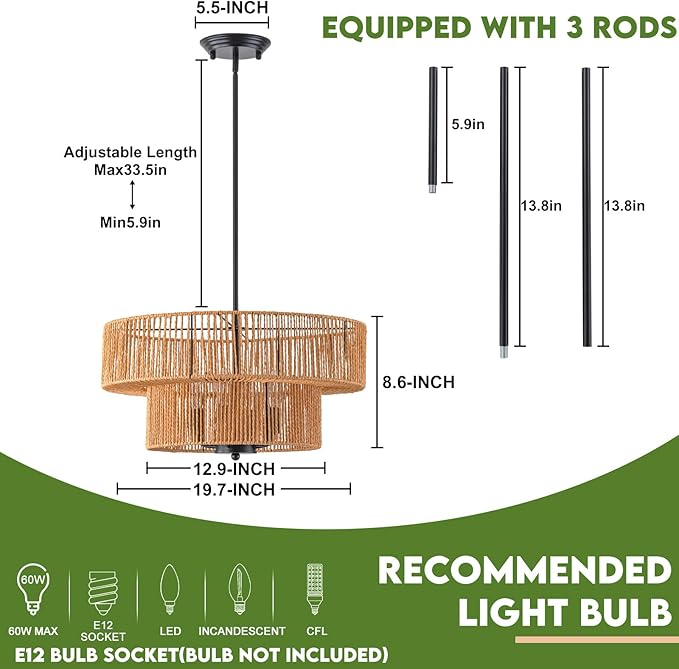 Rattan Pendant Light Boho Wicker Chandelier Kitchen Island Lighting 2-Tier Drum Basket Hanging Light Woven Shade Dinning Room Light Fixture Living Room Bedroom Entrance Farmhouse Chandeliers