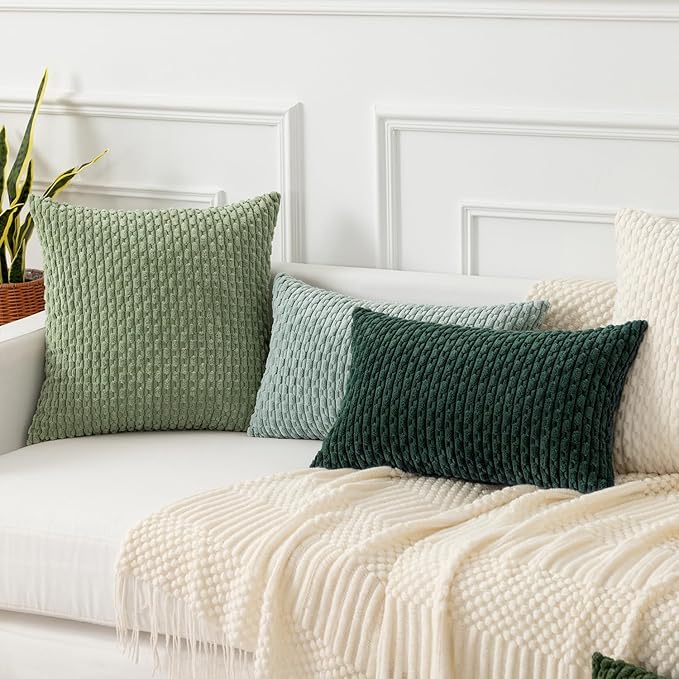 Kevin Textile Christmas Decorative Pillow Covers Set of 2 Striped Plush Corduroy Pillows Pillowcases Boho Home Decor Cushion Covers for Couch Sofa Bed Living Room 20x20 Inch, Army Green